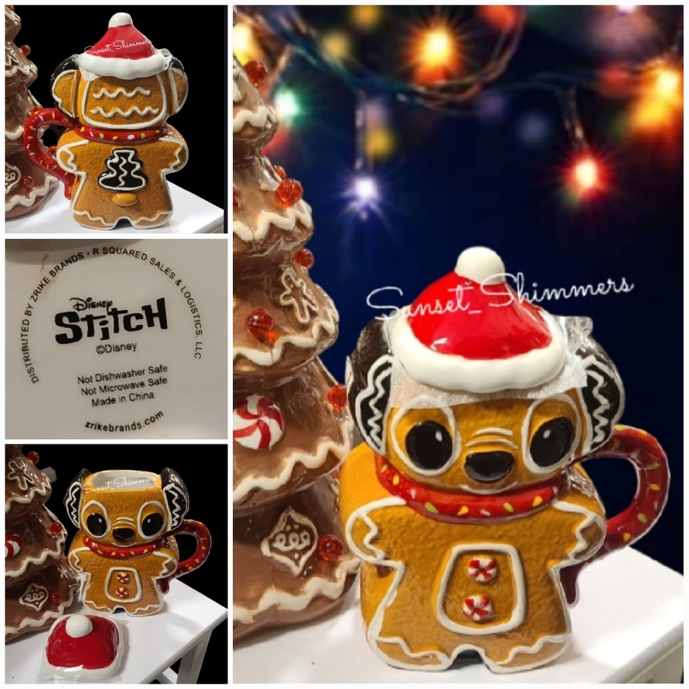 Disney Stitch Gingerbread Cookie Christmas Mug With Santa Hat Topper NEW